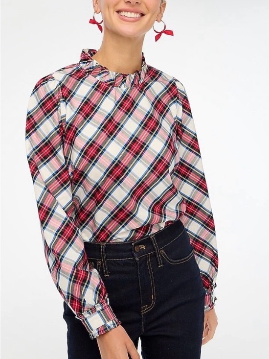 J. Crew Tops - EUC J. Crew Red, Cream & Blue Tartan Plaid Ruffle-Neck Blouse